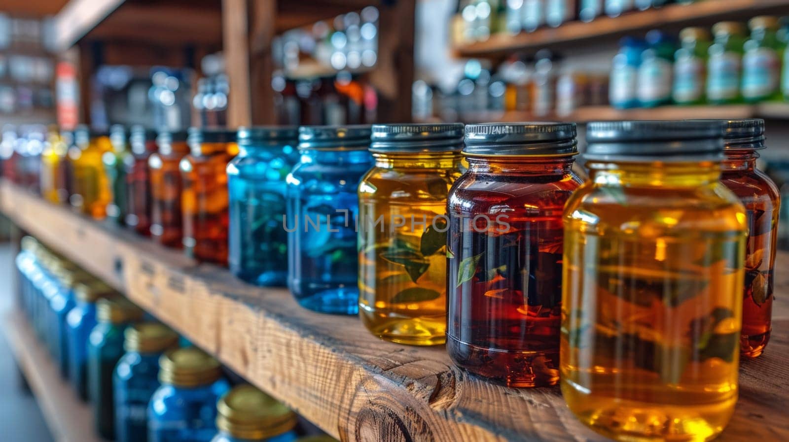 A row of jars filled with different colored liquids on a shelf