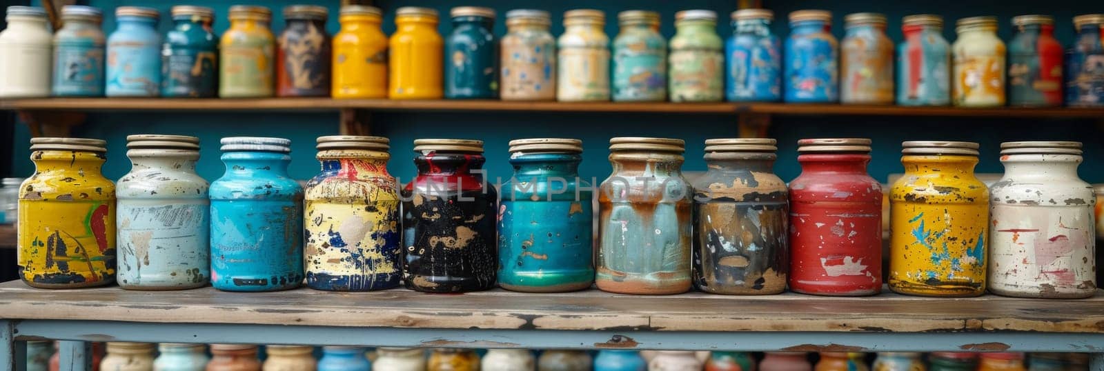 A row of colorful bottles on a shelf in front of a wall