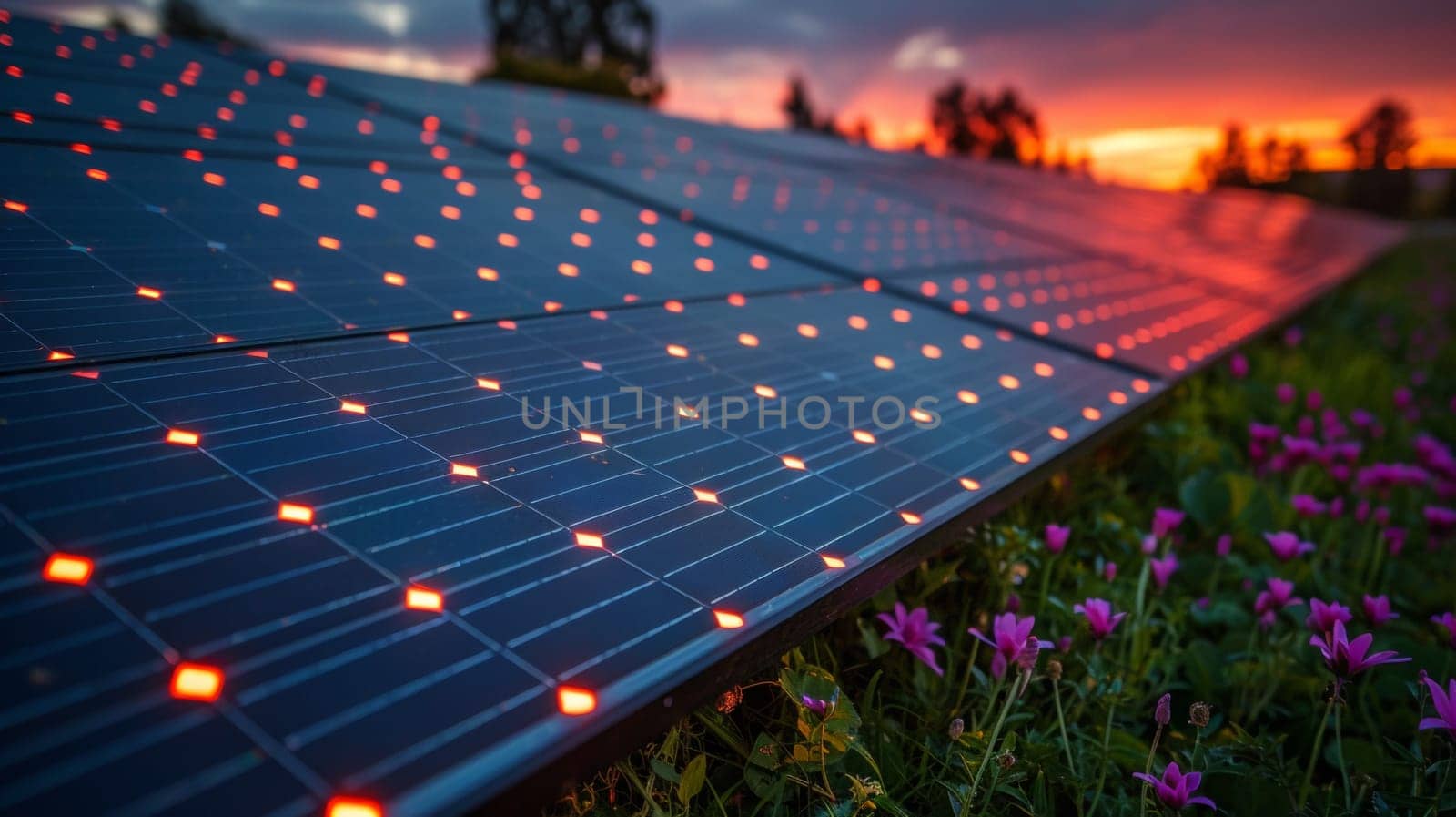 A row of solar panels with lights on them in the sunset, AI by starush