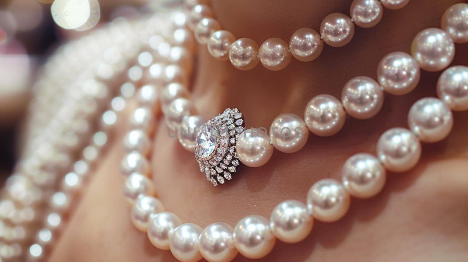 A close up of a woman wearing pearls and diamonds on her neck