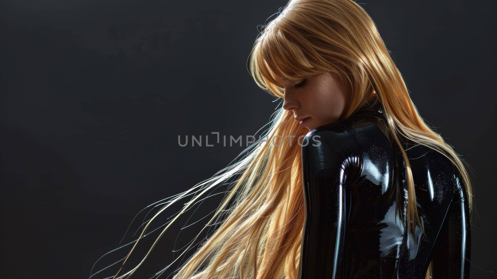 A woman with long blonde hair in a black latex suit