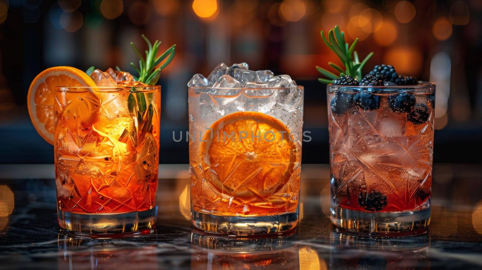 Three glasses of drinks with different fruits and garnishes