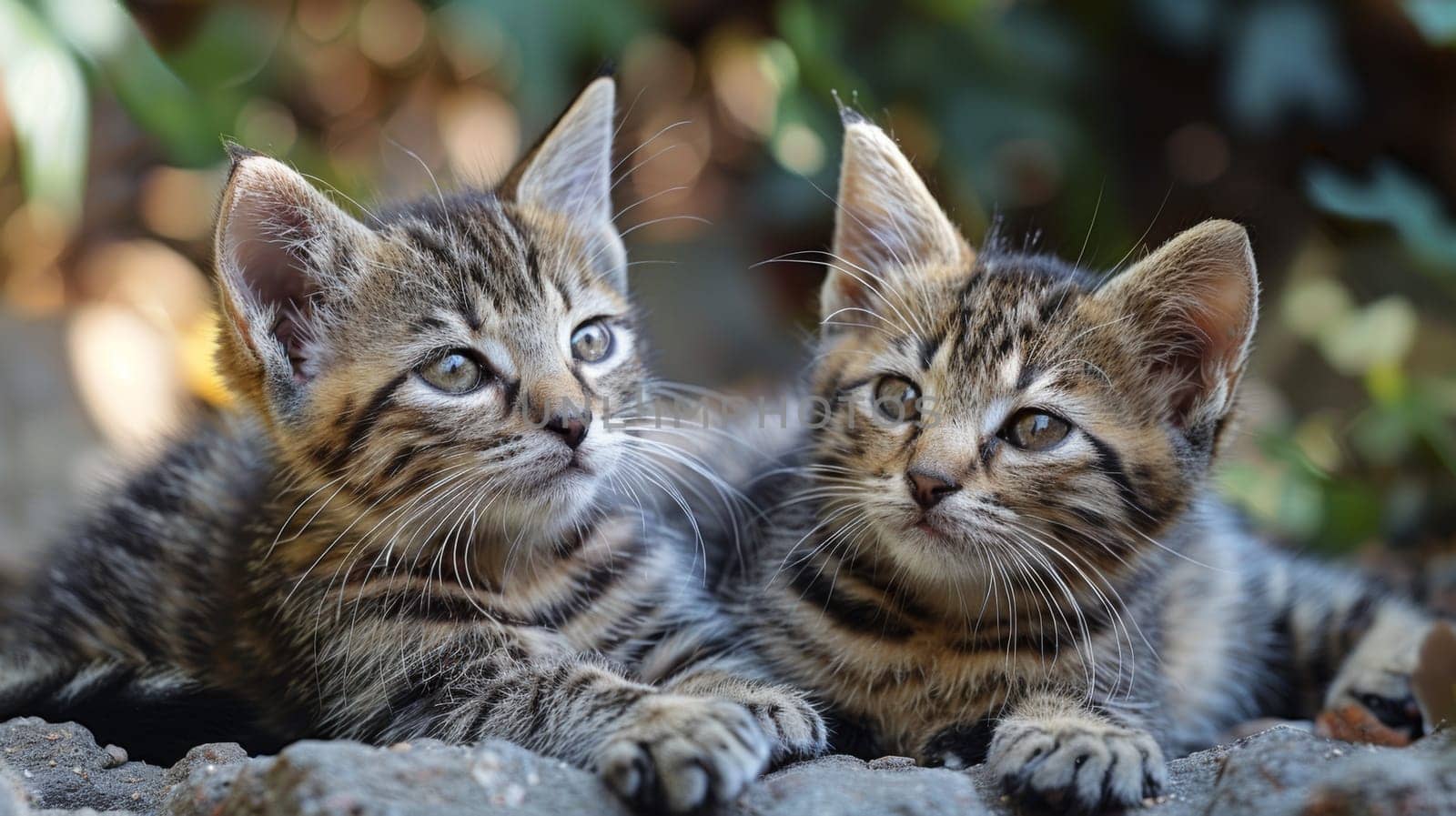 Two kittens laying on a rock looking at the camera