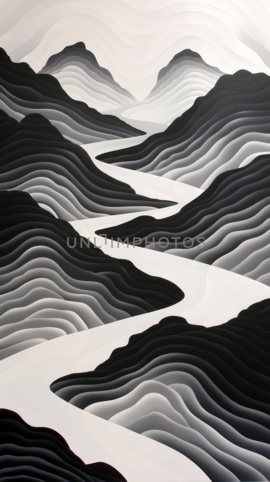 A painting of a black and white landscape with mountains, AI by starush