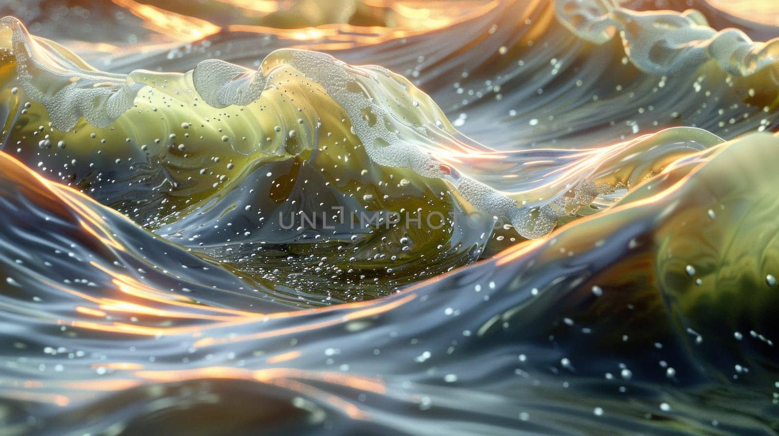 A close up of a wave with bubbles and water