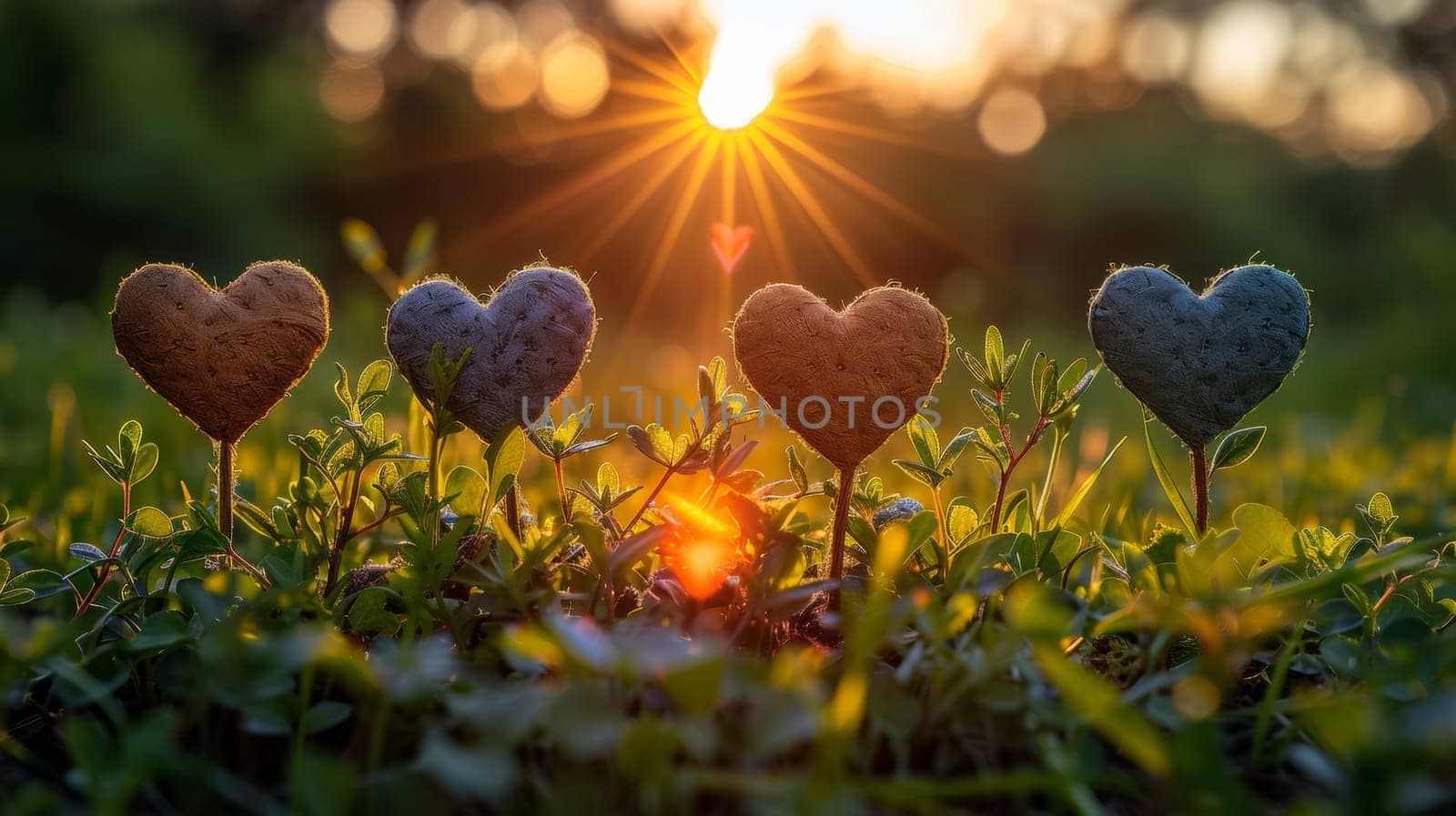 Three heart shaped cookies are sitting in the grass with a sun setting behind them