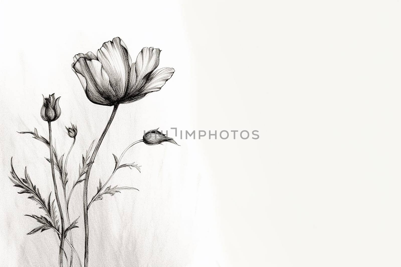 Pencil drawing of a blooming flower with buds.