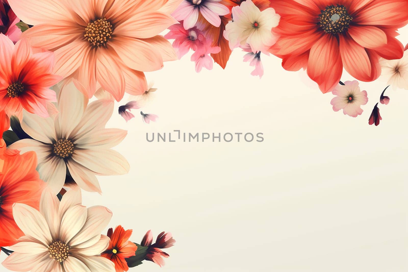 Assorted flowers arranged in a curved pattern on a light background by Hype2art