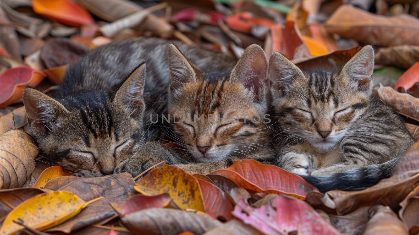 Three kittens sleeping in a pile of leaves on the ground, AI by starush