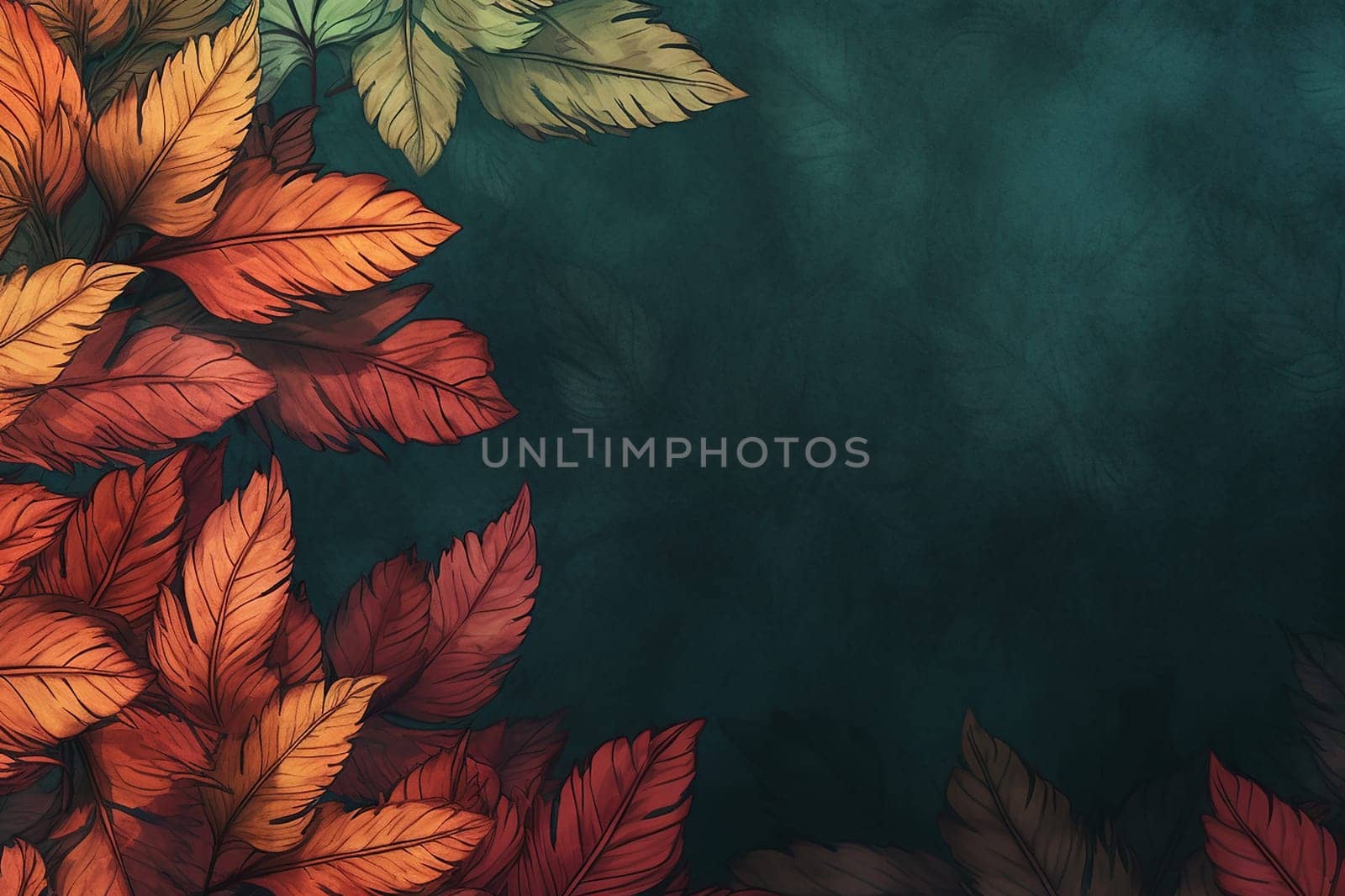 Autumn leaves with a gradient from orange to green creating an artistic background.