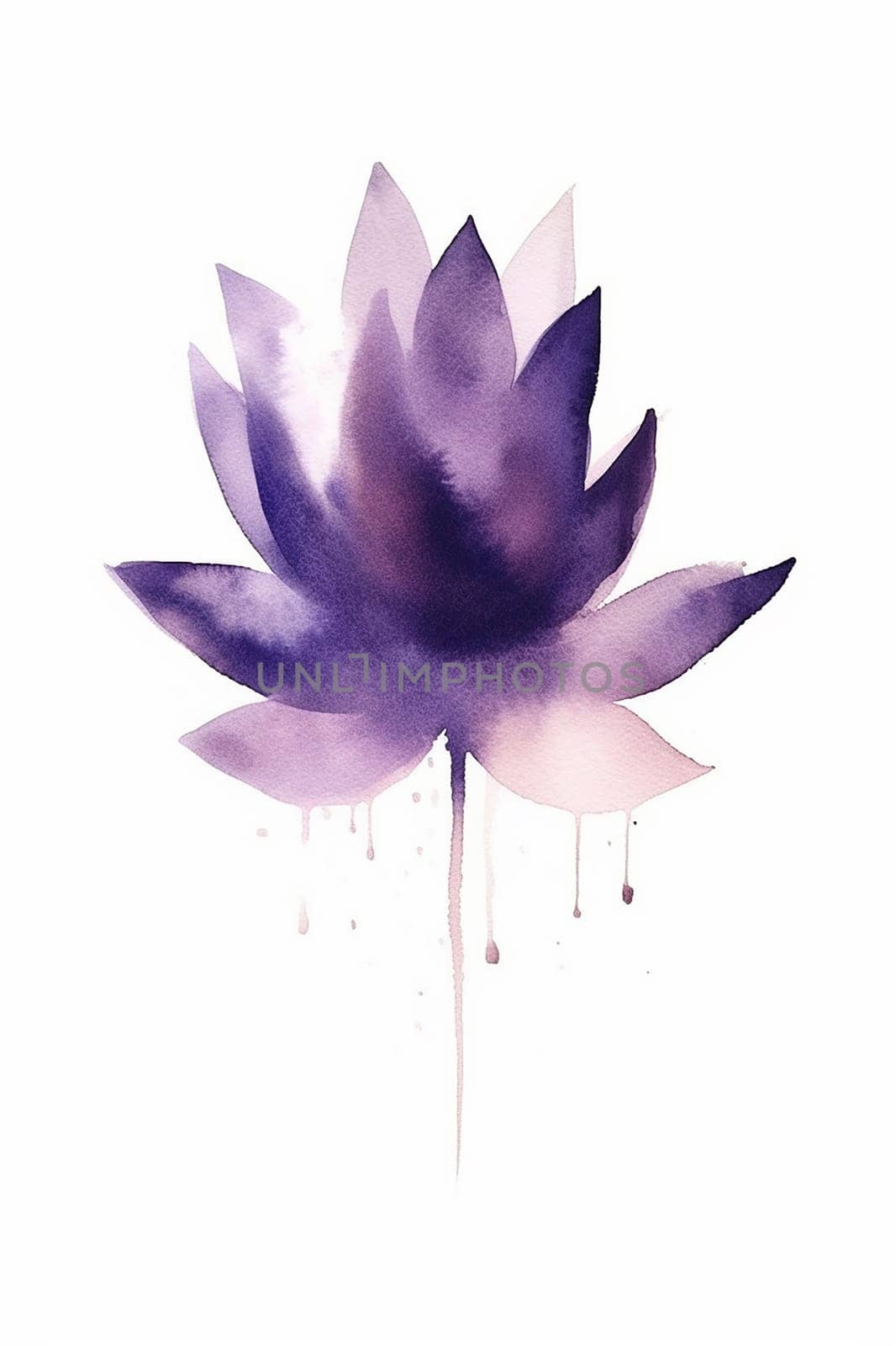 A purple watercolor painting of a stylized lotus flower with dripping paint detail.