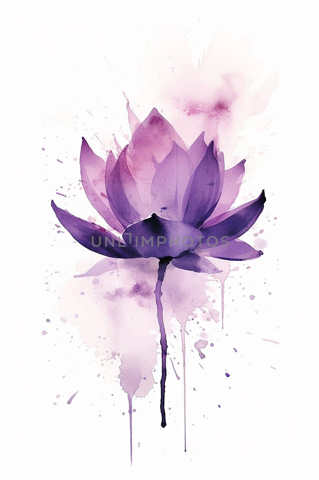 Elegant watercolor lotus with a blend of purple hues and drips. by Hype2art