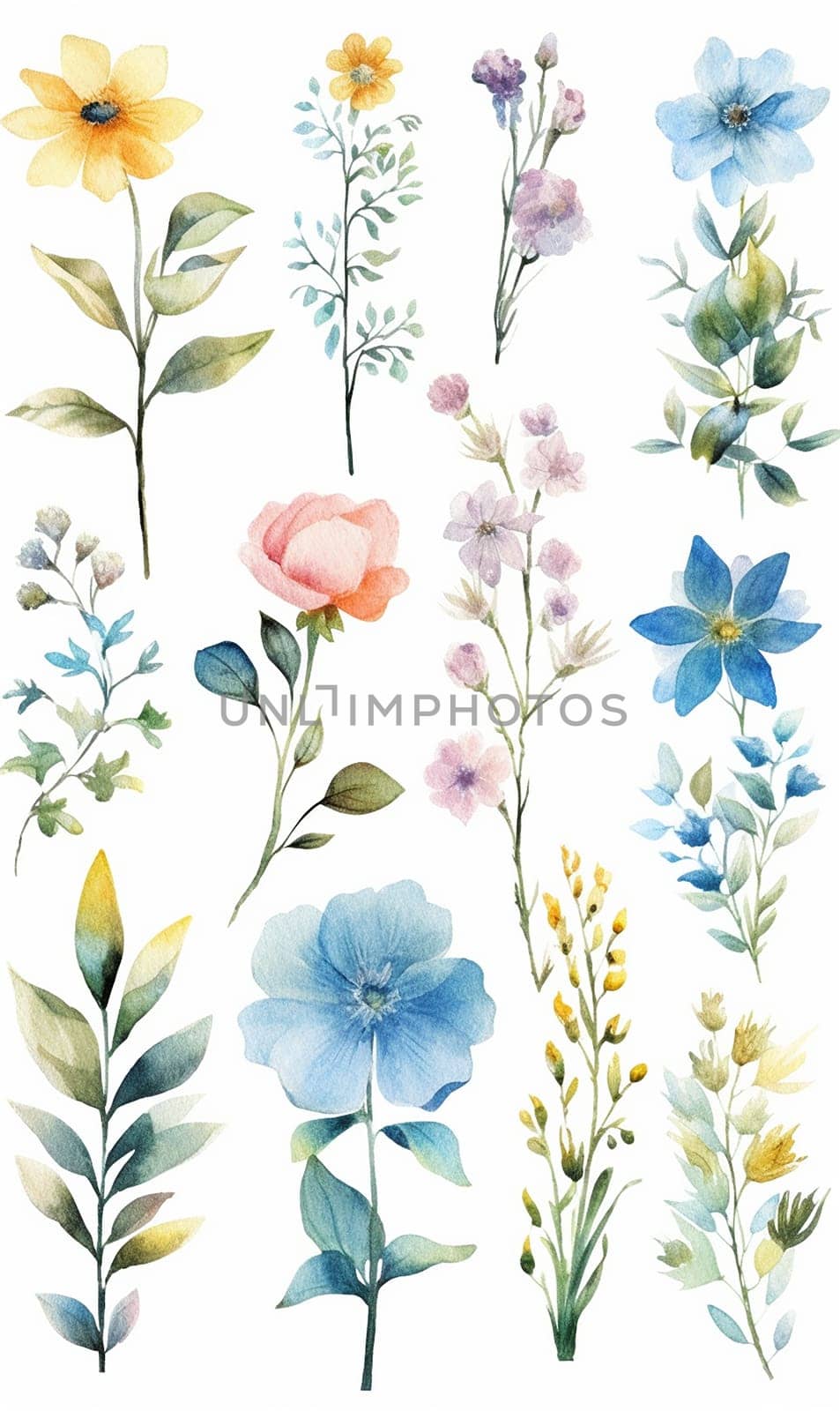 Assortment of delicate watercolor flowers with various colors by Hype2art