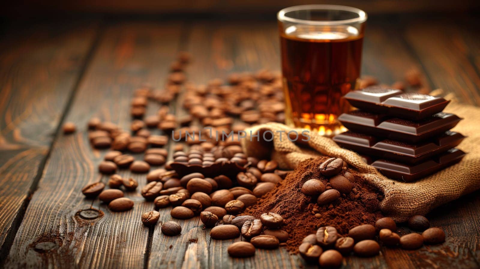 A glass of coffee and chocolate on a table with beans