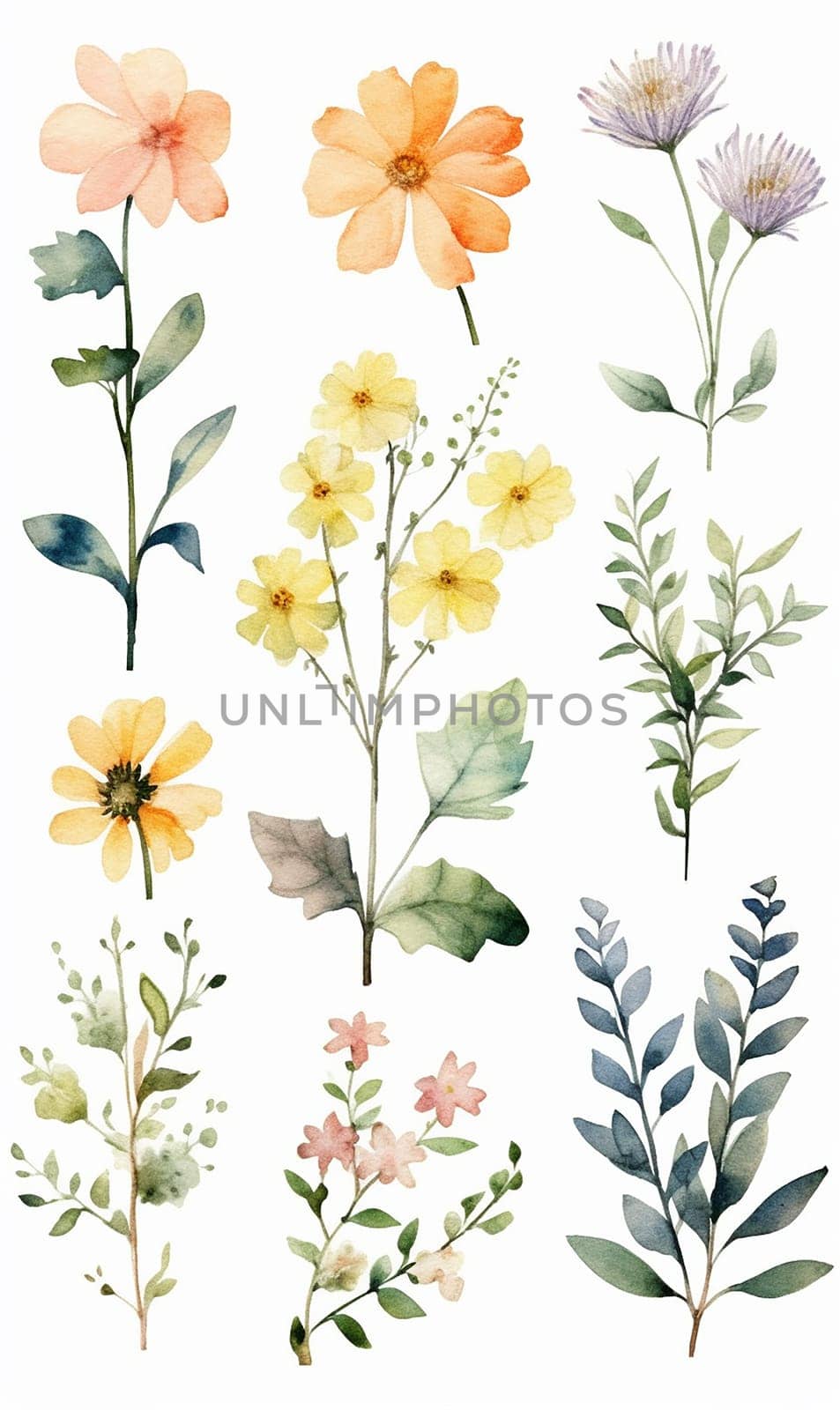 Collection of watercolor flower illustrations.