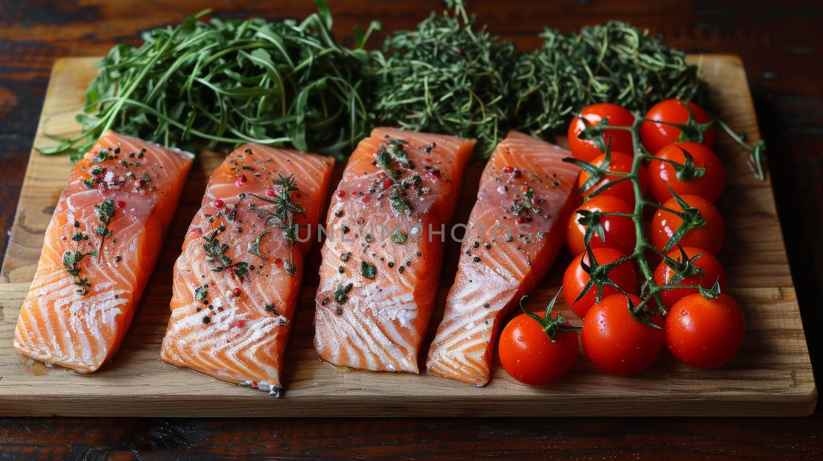A wooden cutting board with salmon, tomatoes and herbs on it