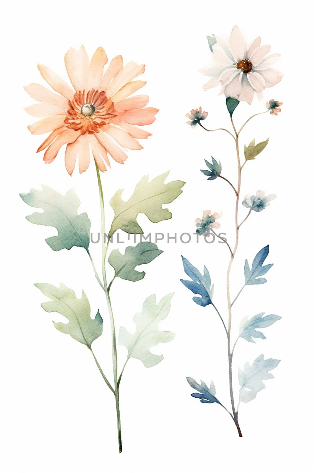 Two watercolor painted flowers with stems and leaves.