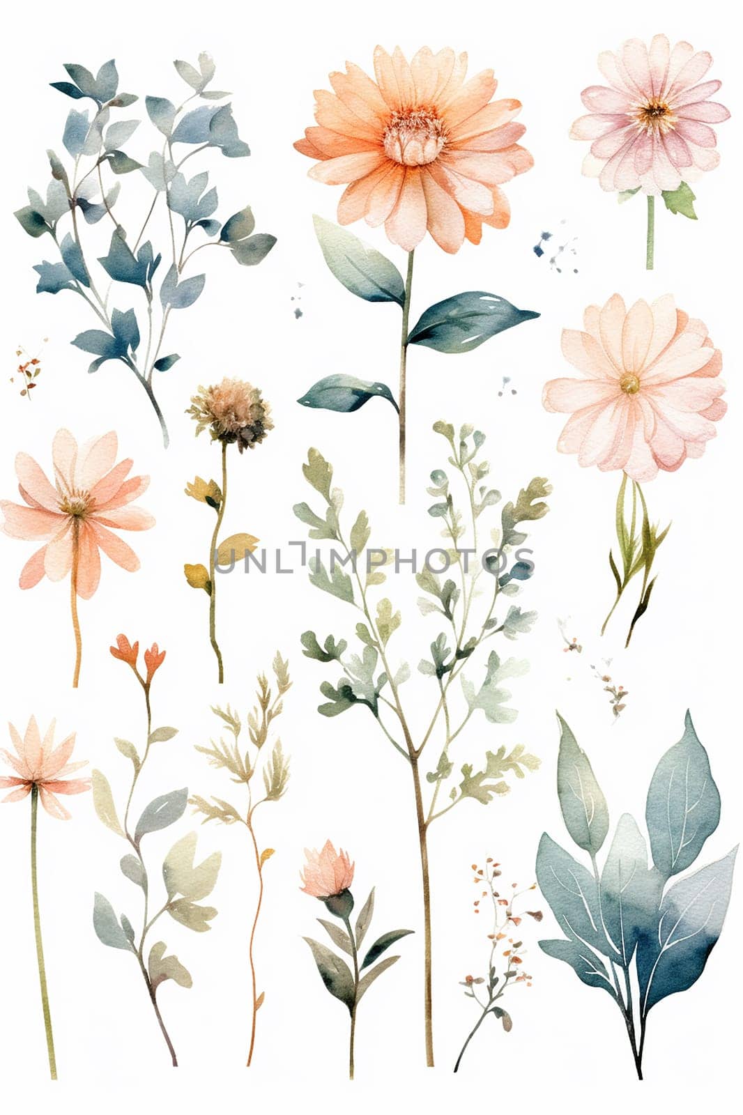 A collection of watercolor flowers and foliage in soft colors