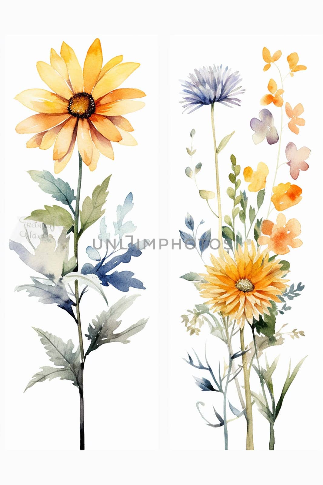 Two watercolor paintings of colorful flowers with foliage.