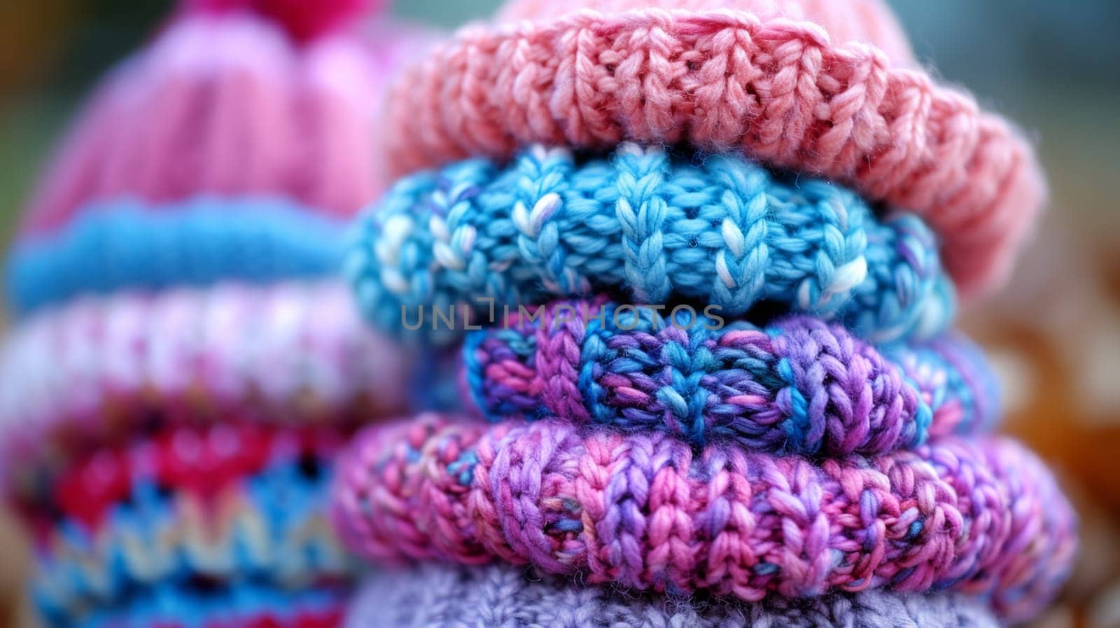 A stack of colorful knitted hats sitting on top of each other, AI by starush