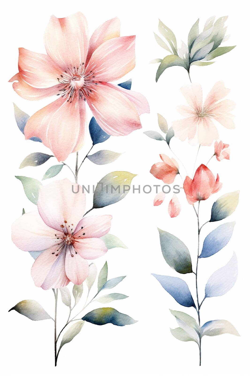Elegant watercolor painting of delicate flowers and leaves.