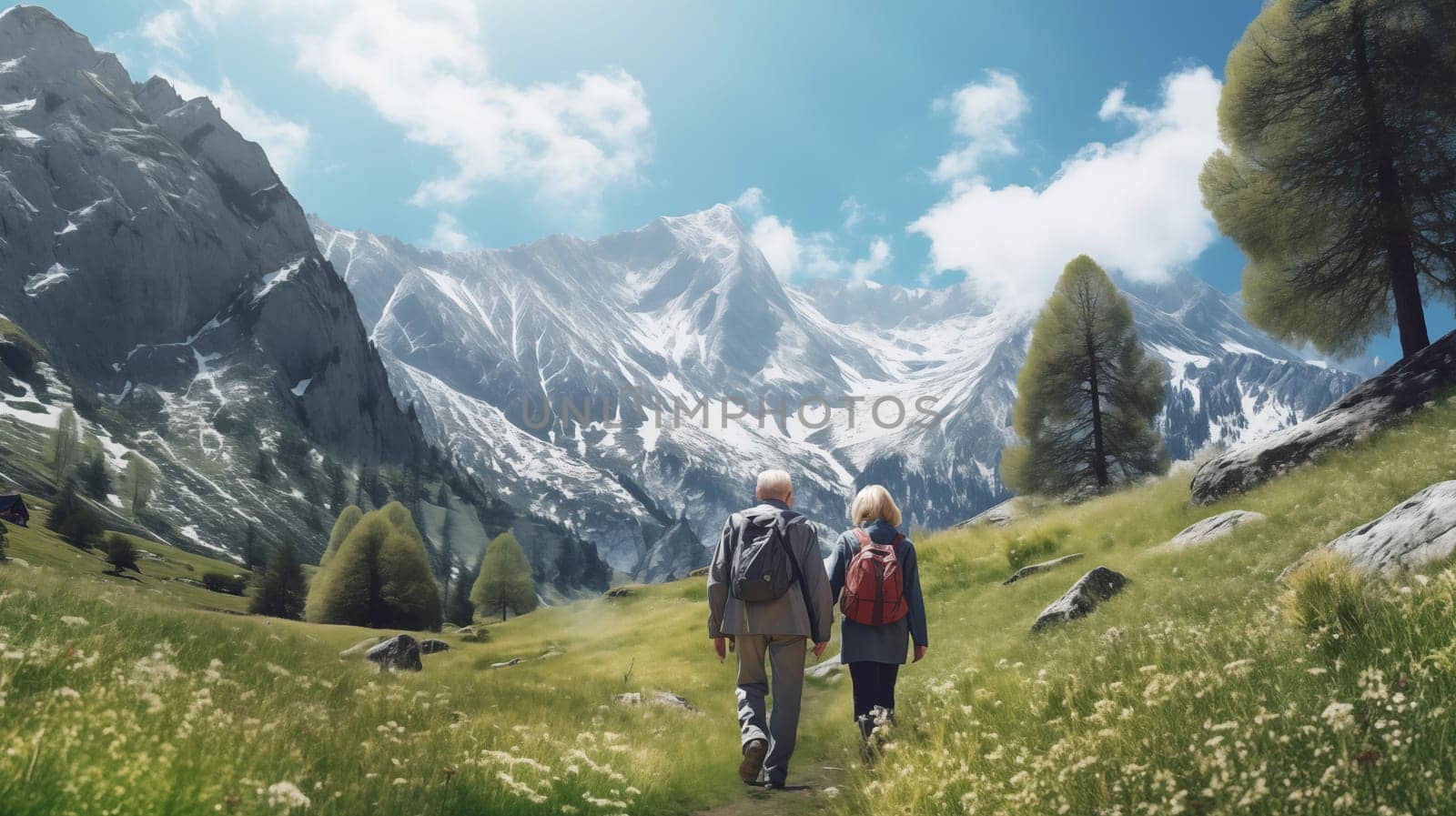 senior couple hiking high in the mountains, generative ai. High quality photo