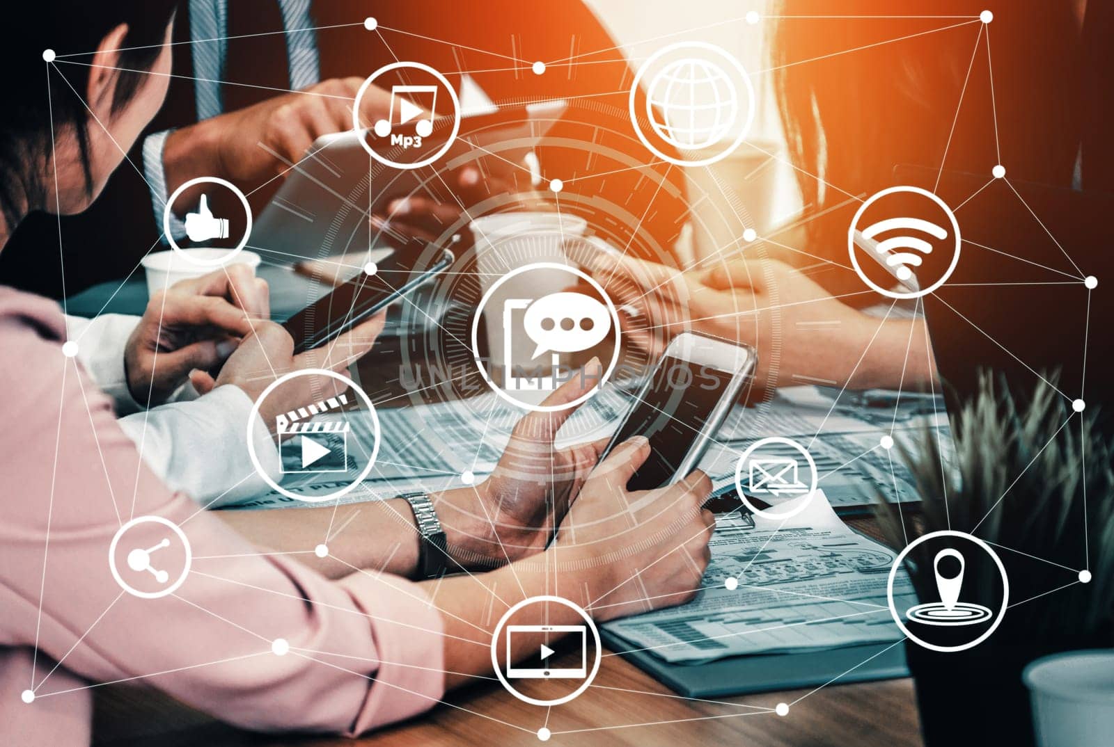 Social media and young people network concept. Modern graphic interface showing online social connection network and media channels to engage customer interaction in the digital business. uds