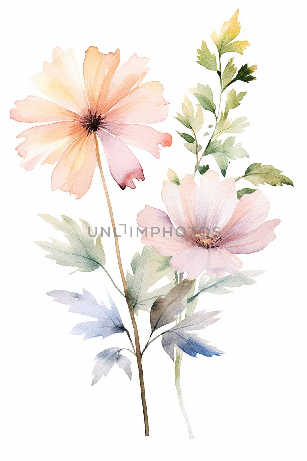 Two delicate watercolor flowers with soft pastel tones.