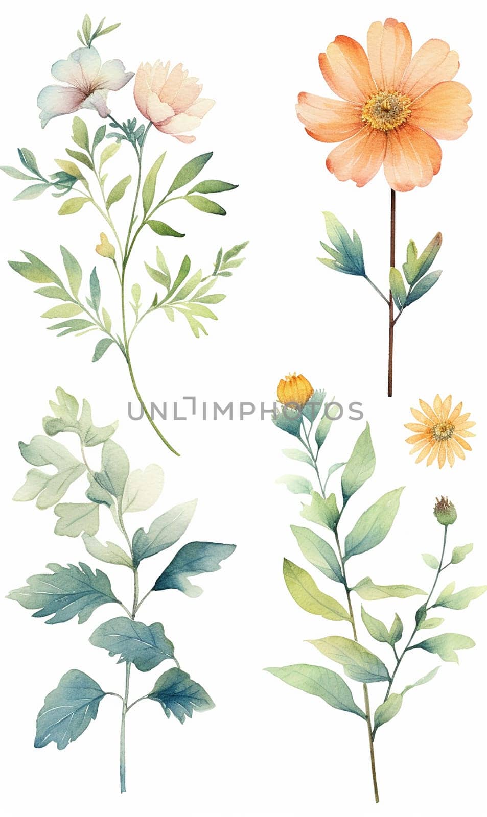 Collection of various watercolor flowers with stems and leaves. by Hype2art