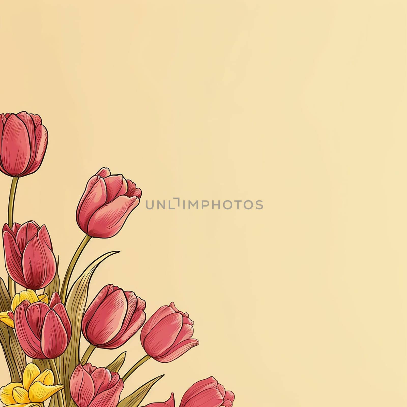 Illustration of red tulips on a yellow background. by Hype2art