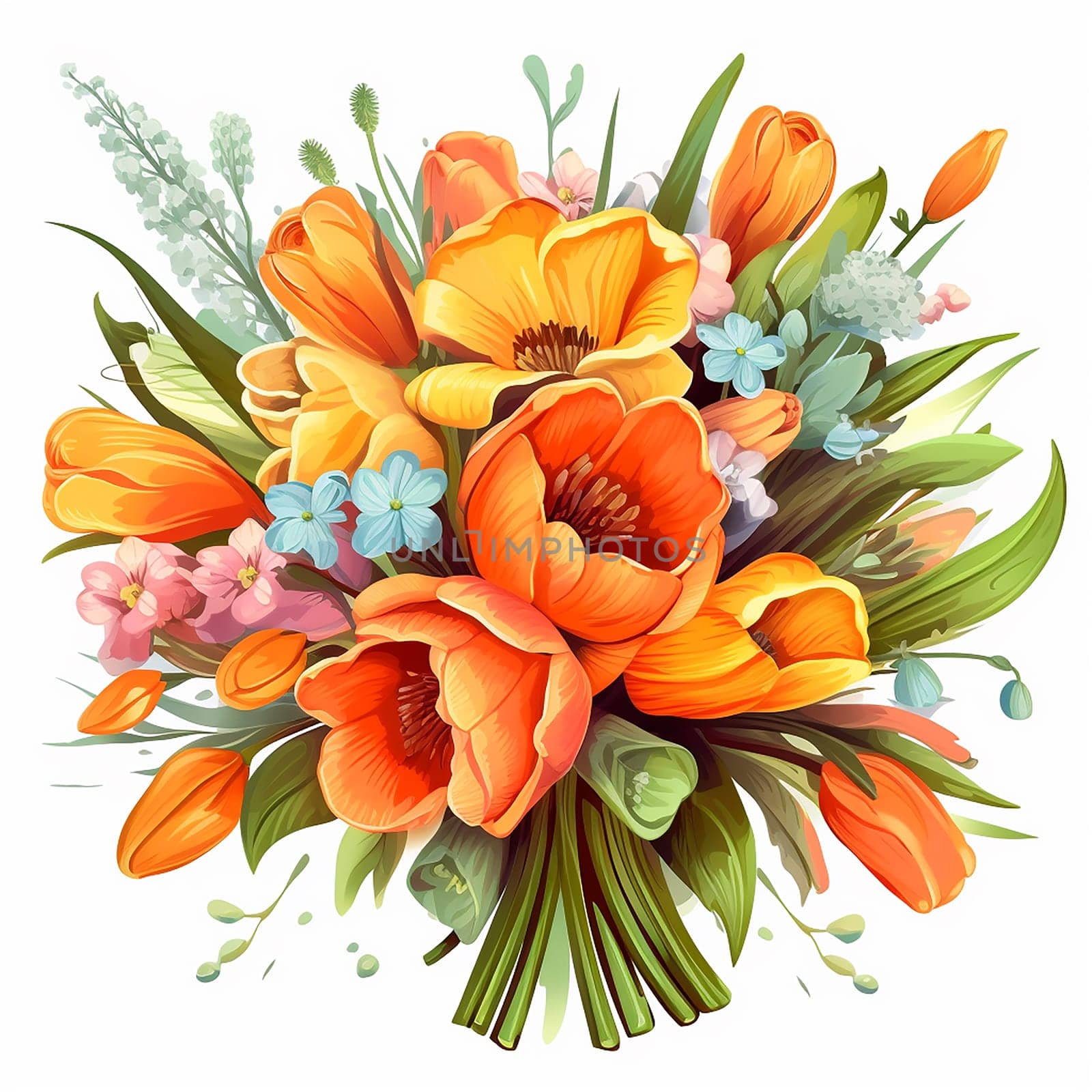 Illustration of a vibrant bouquet with various flowers and foliage.