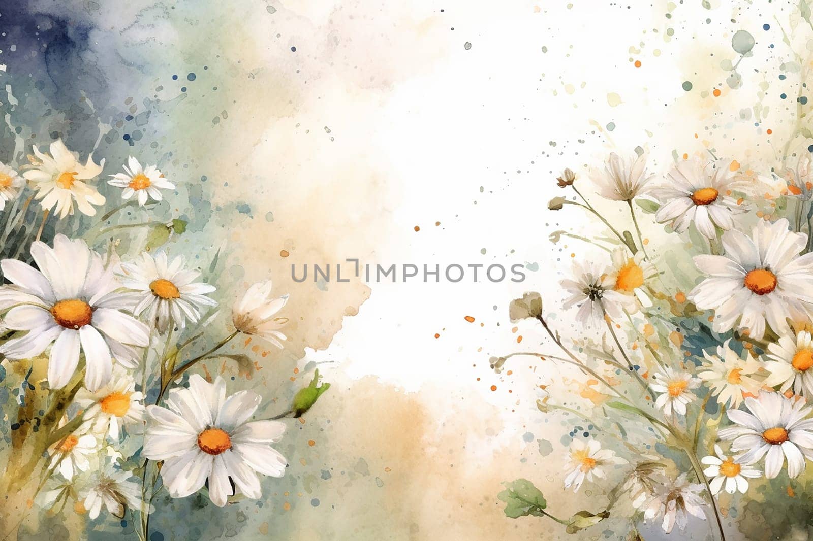Watercolor painting of white daisies with a splatter effect on watercolor background. by Hype2art