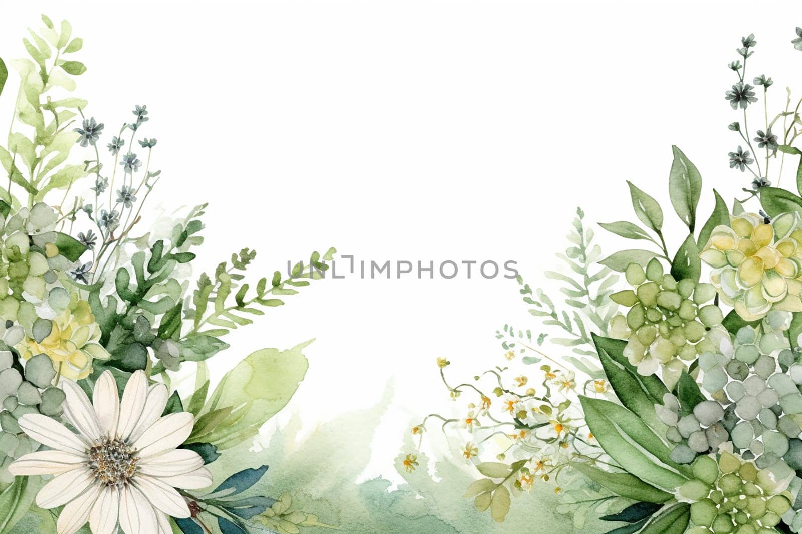 Elegant watercolor floral arrangement with a variety of greenery and flowers on a white background.