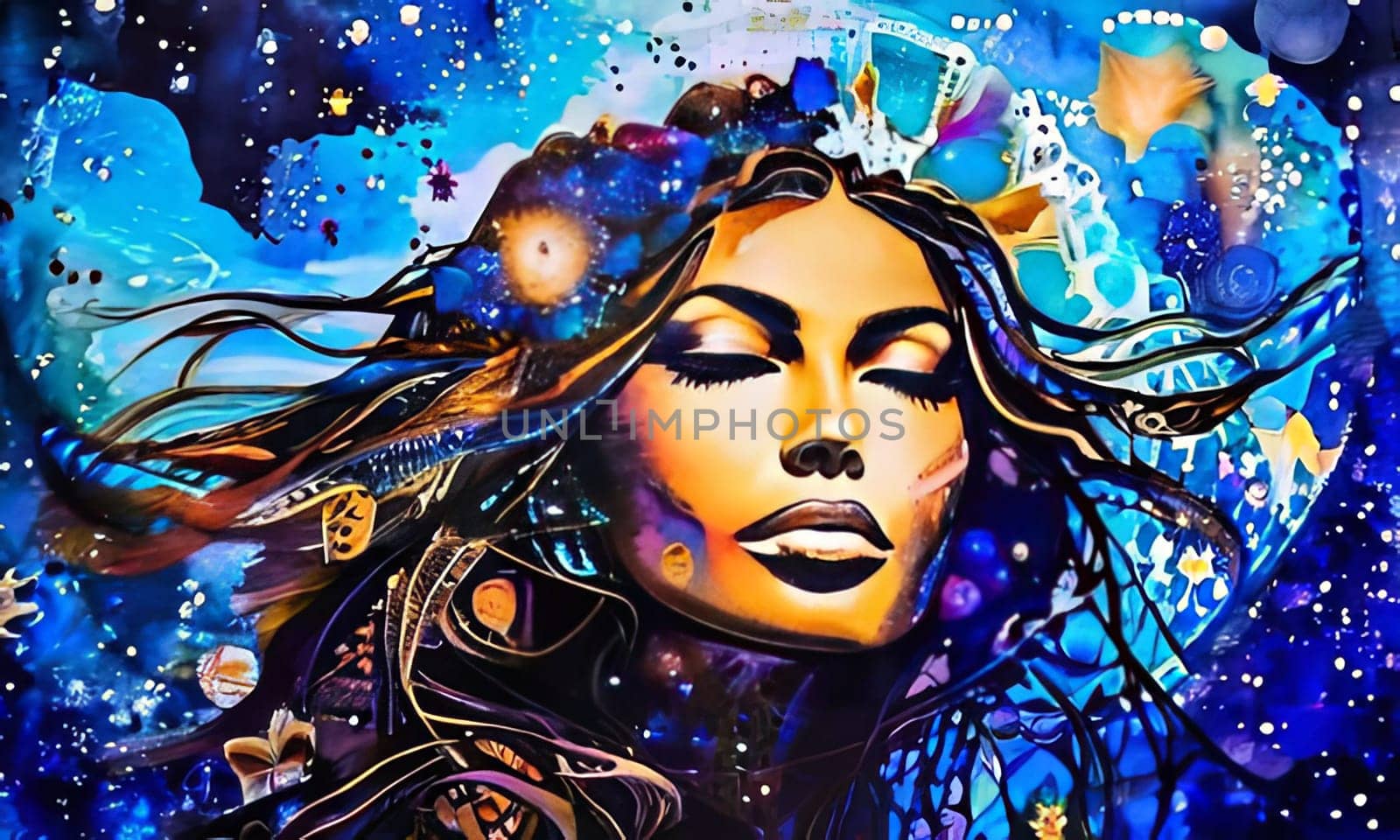 Mystical painting of woman with flowing blue hair, standing gracefully under serene moonlit sky. For visual element in design project, printed on various merchandise like notebook, postcards, wall art