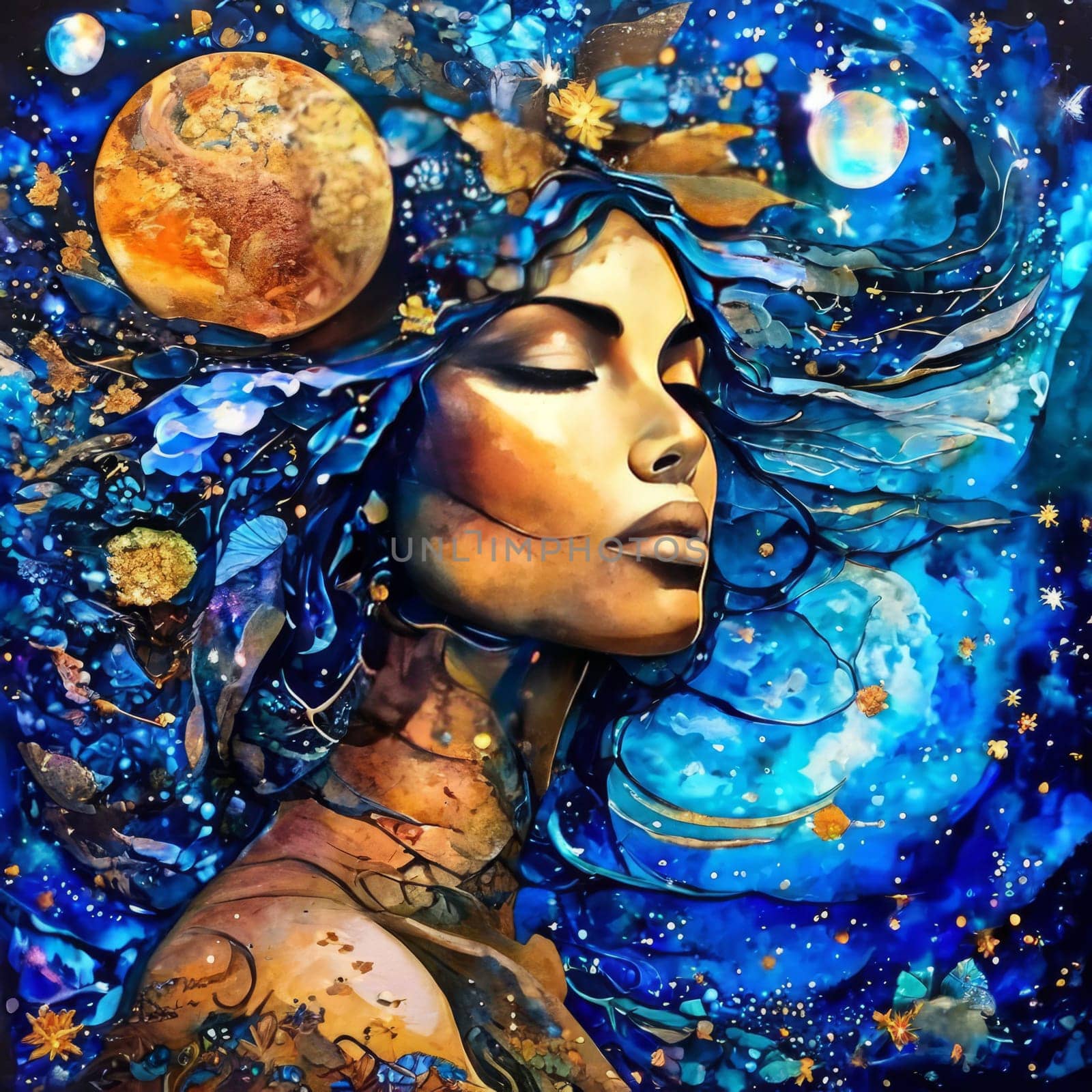 Mystical painting of woman with flowing blue hair, standing gracefully under serene moonlit sky. For visual element in design project, printed on various merchandise like notebook, postcards, wall art