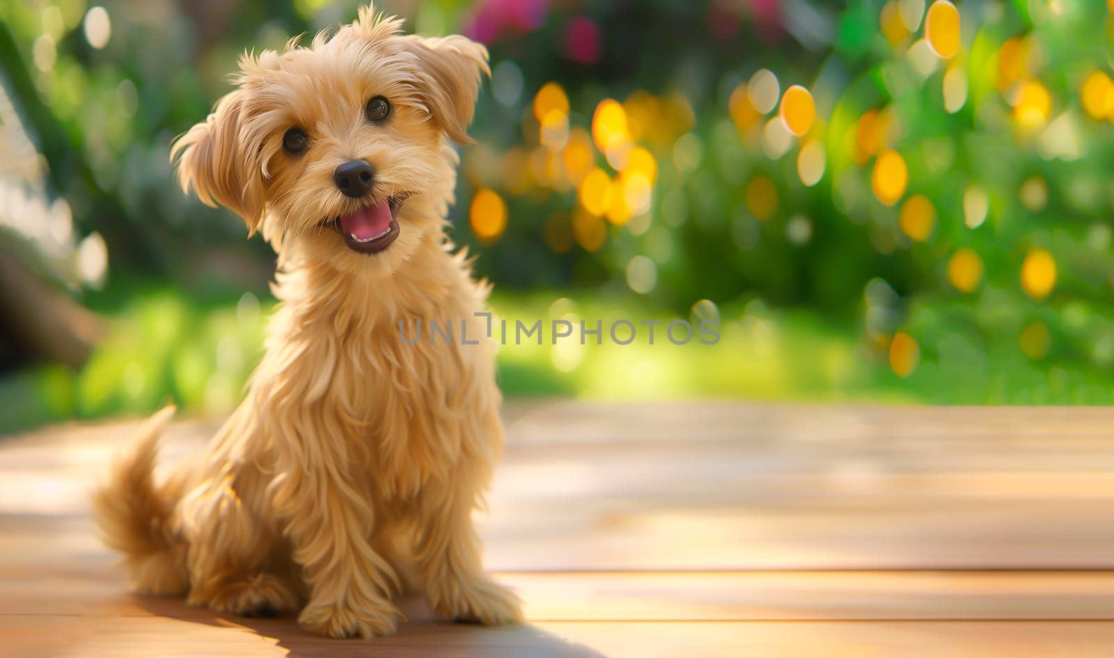 International Doodle Dog Day. Little Cute Puppy Of Goldendoodle Sitting Outdoors on Backyard in Sunny Day. Green Trees and Flowers on Background. Copy Space. Mockup for Greeting Card AI Generated.