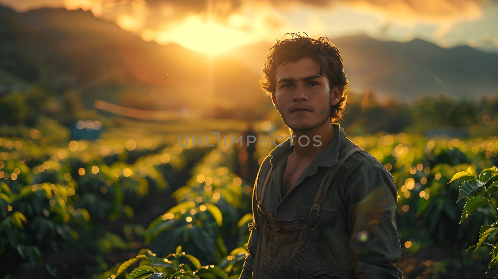 A man is happily standing among the plants in a natural landscape at sunset, with clouds and sunlight creating a picturesque scene. Flash photography captures the beauty of the agriculture field
