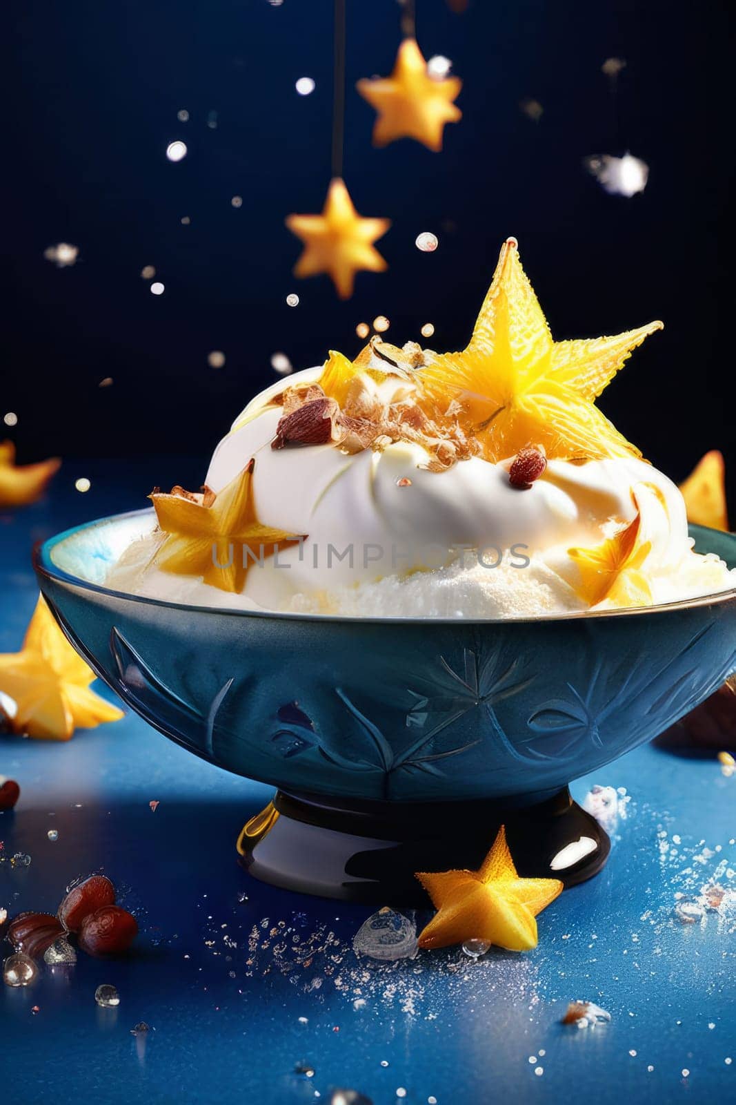 Delectable dessert with star-shaped of carambola design in center. For various contexts such as food blogs, restaurant menus, social media posts promoting desserts, food delivery apps, bunner