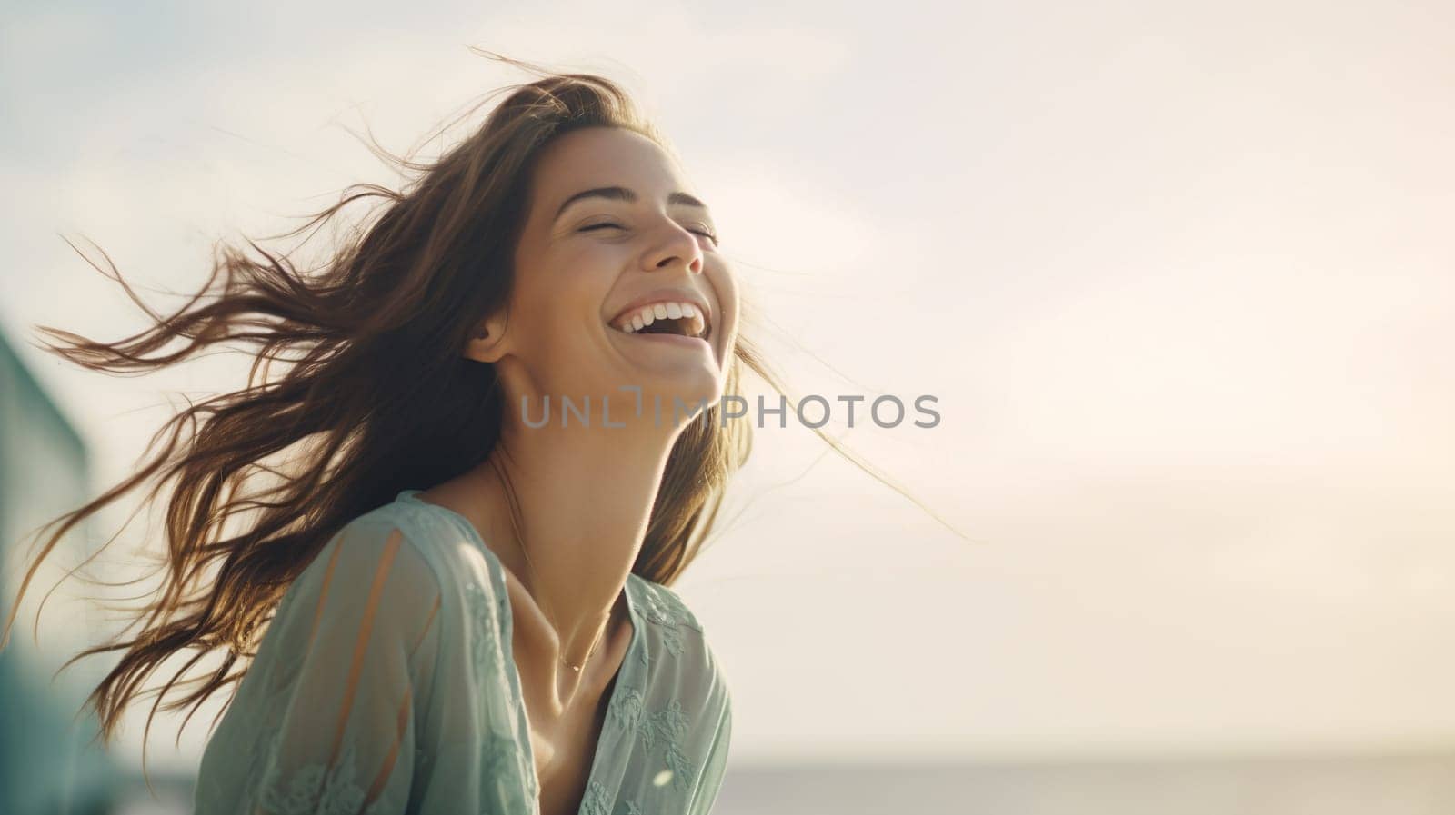 Joyful Woman Enjoying Sea Breeze at Sunset by chrisroll
