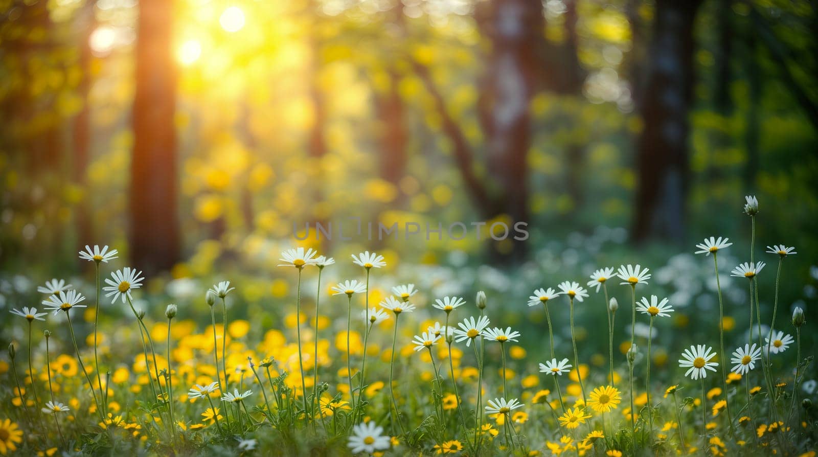 A field filled with daisies illuminated by sunlight - Generative AI