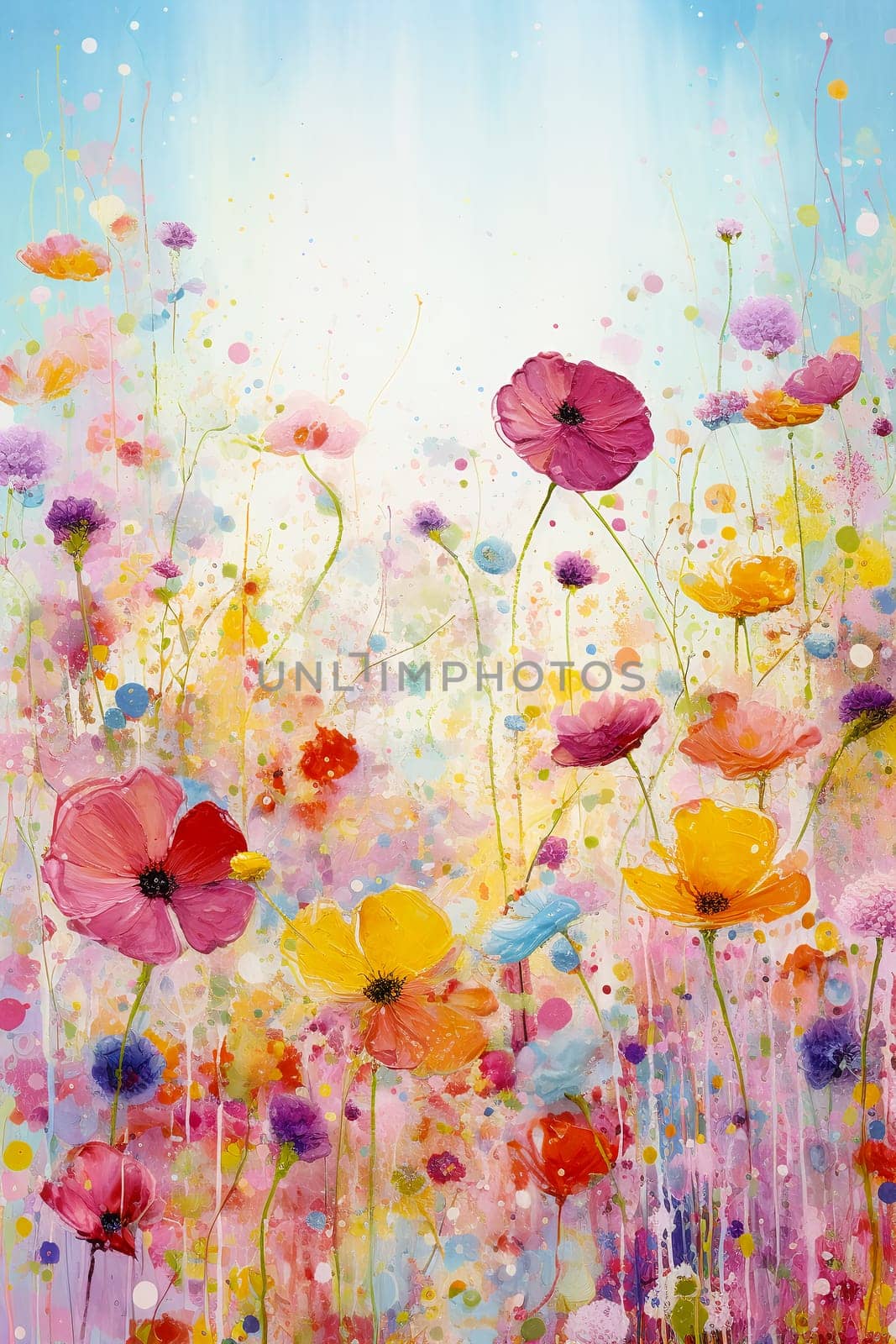 A vibrant, abstract painting featuring a field of colorful flowers, infused with a sense of springs's joyful essence by chrisroll