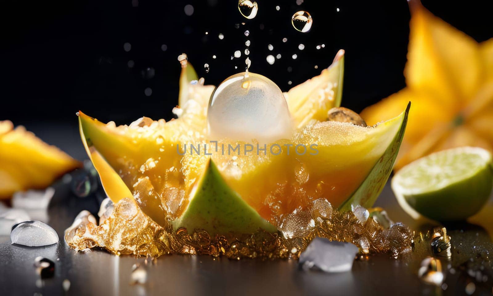 Bowl of ice cream with carambola, lemons garnish on top. For online cooking tutorials, food delivery apps, virtual cooking classes, digital restaurant menus, various contexts such as food blog, bunner