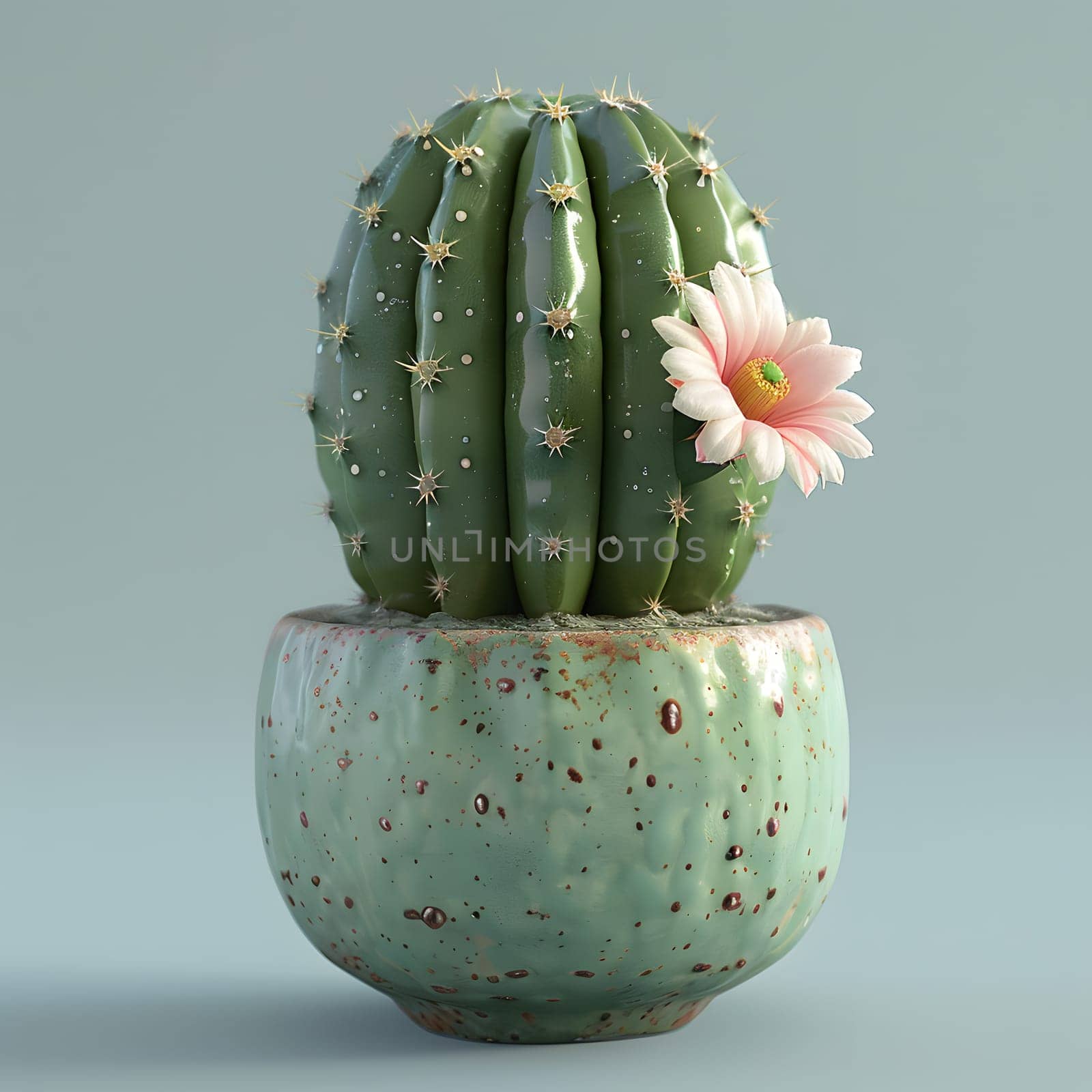 A terrestrial plant, cactus, is creatively displayed in a green flowerpot with a pink flower on top. This natural material houseplant adds an artistic touch to any landscape