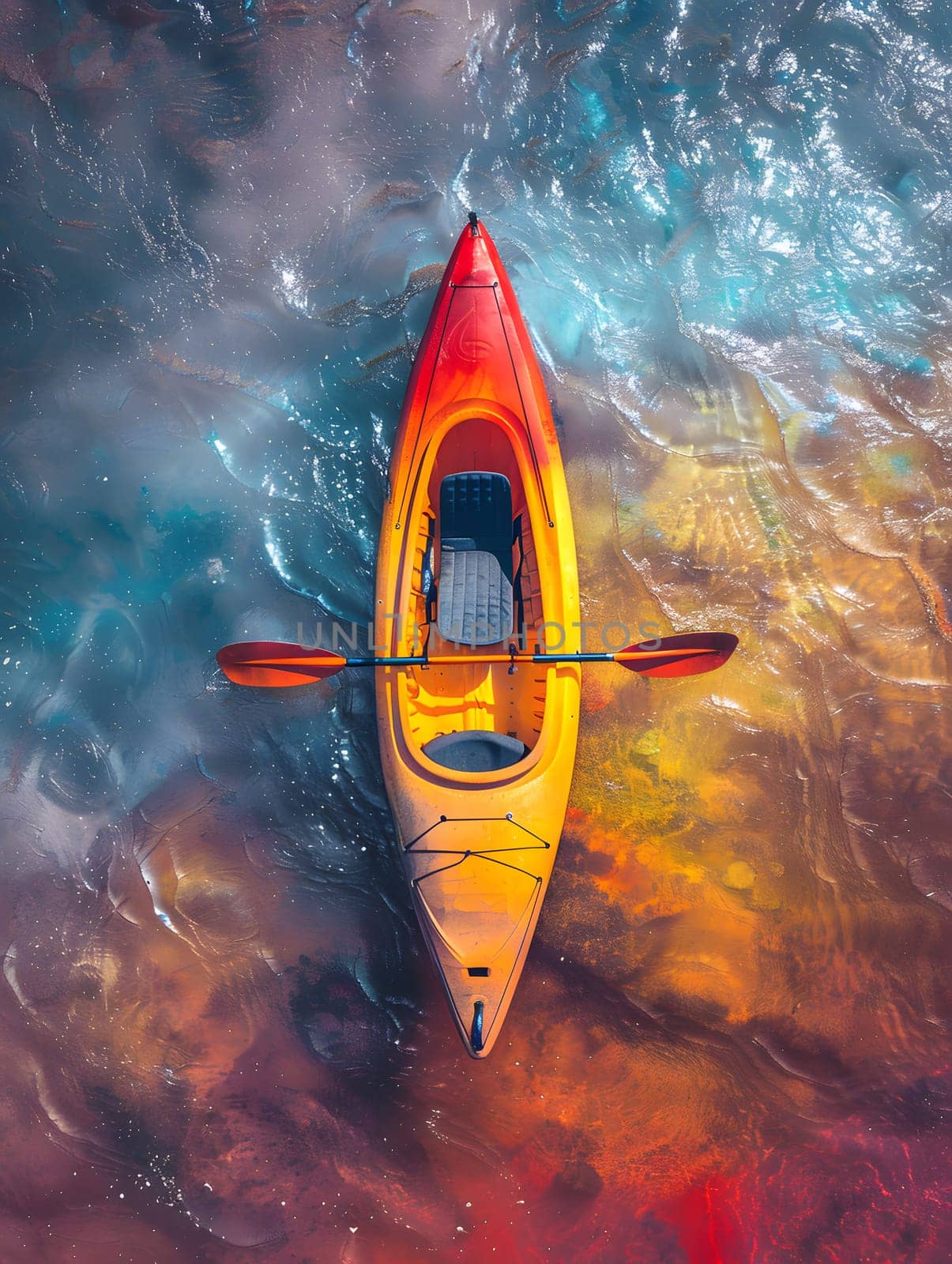 A red and yellow kayak, resembling a painting, floats in the water with a shark fin nearby, creating a colorful scene from above