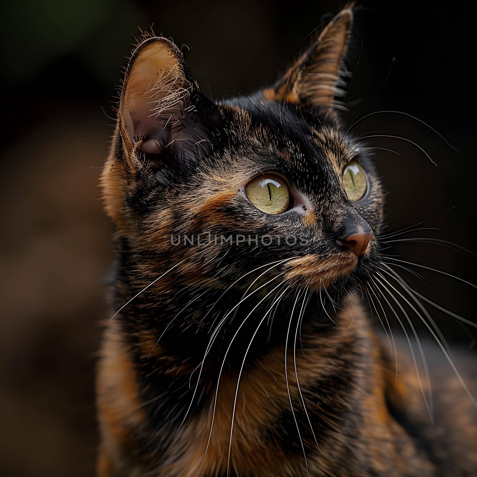 Calico Felidae cat with green eyes gazes into camera by Nadtochiy