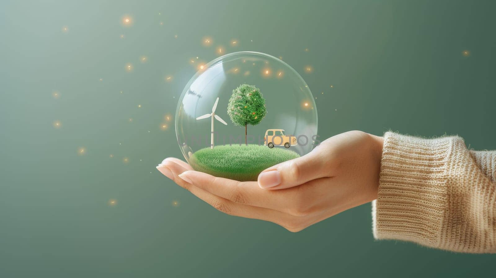 a hand holding symbol of green energy and renewable fuel, wind power, solar power, electric vehicles by nijieimu