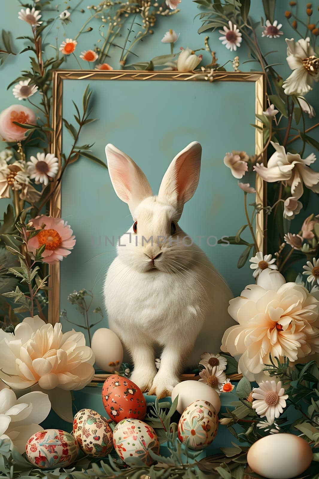 A white rabbit among flowers and Easter eggs in nature by Nadtochiy