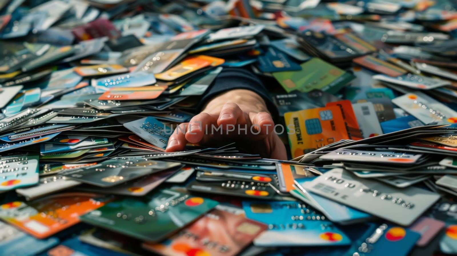 Credit bureau, a sea of credit cards, a hand is trying to reach out under the pile of credit cards by nijieimu
