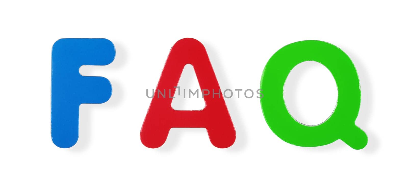 FAQ word in coloured magnetic letters on white with clipping path to remove shadow