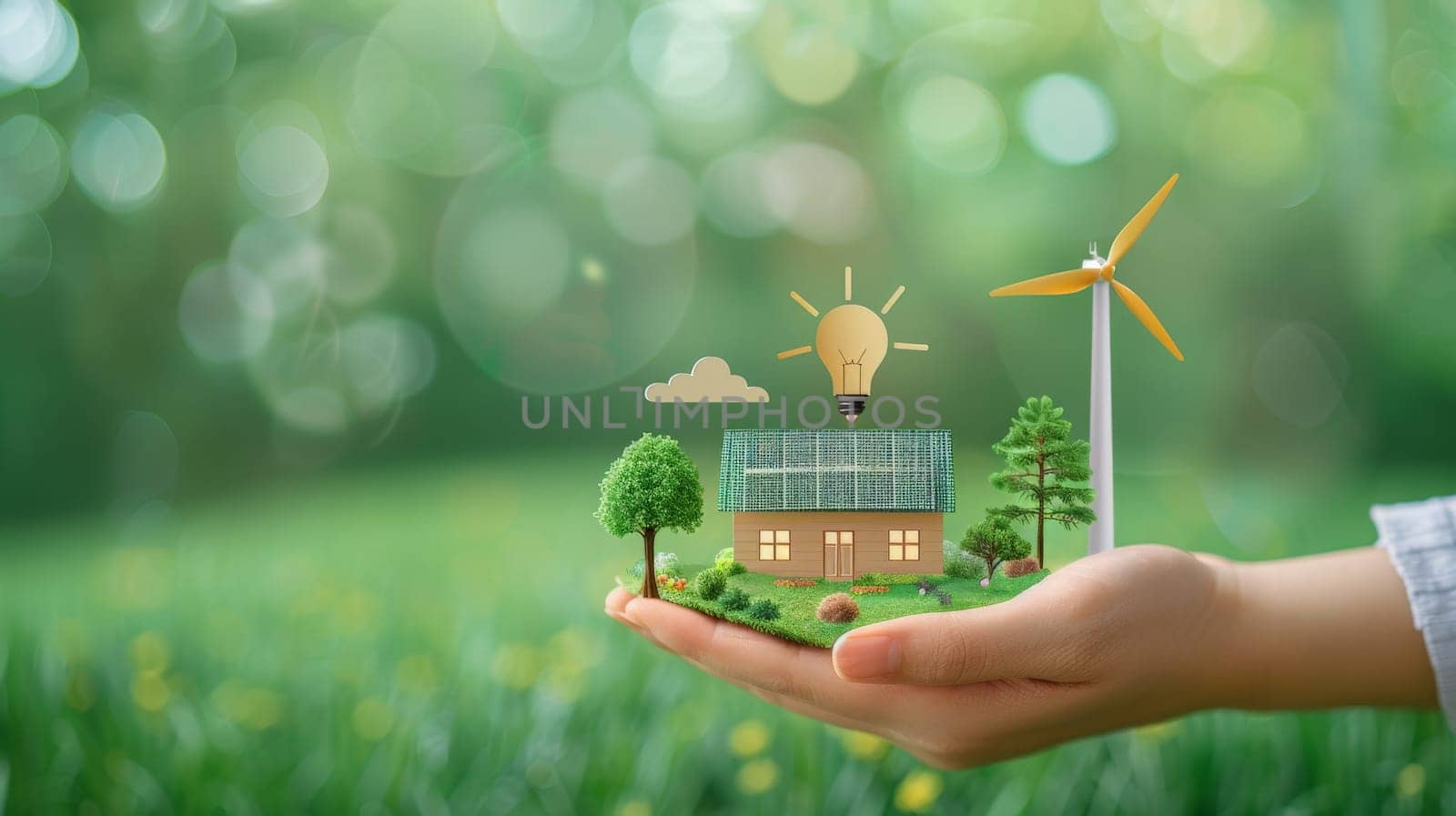 a hand holding symbol of green energy and renewable fuel, wind power, solar power, electric vehicles.